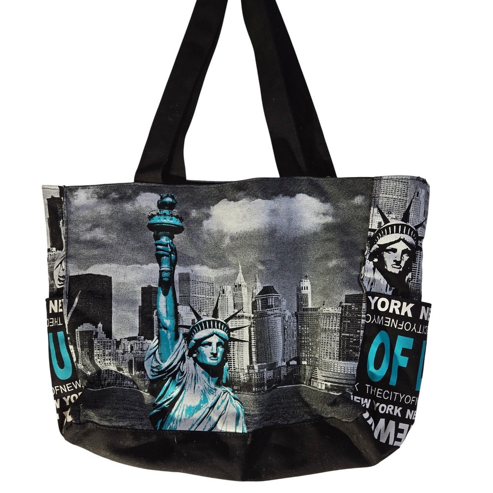 Robin Ruth New York Statue of Liberty Canvas Tote Bag Black Teal NYC Skyline - Picture 4 of 10